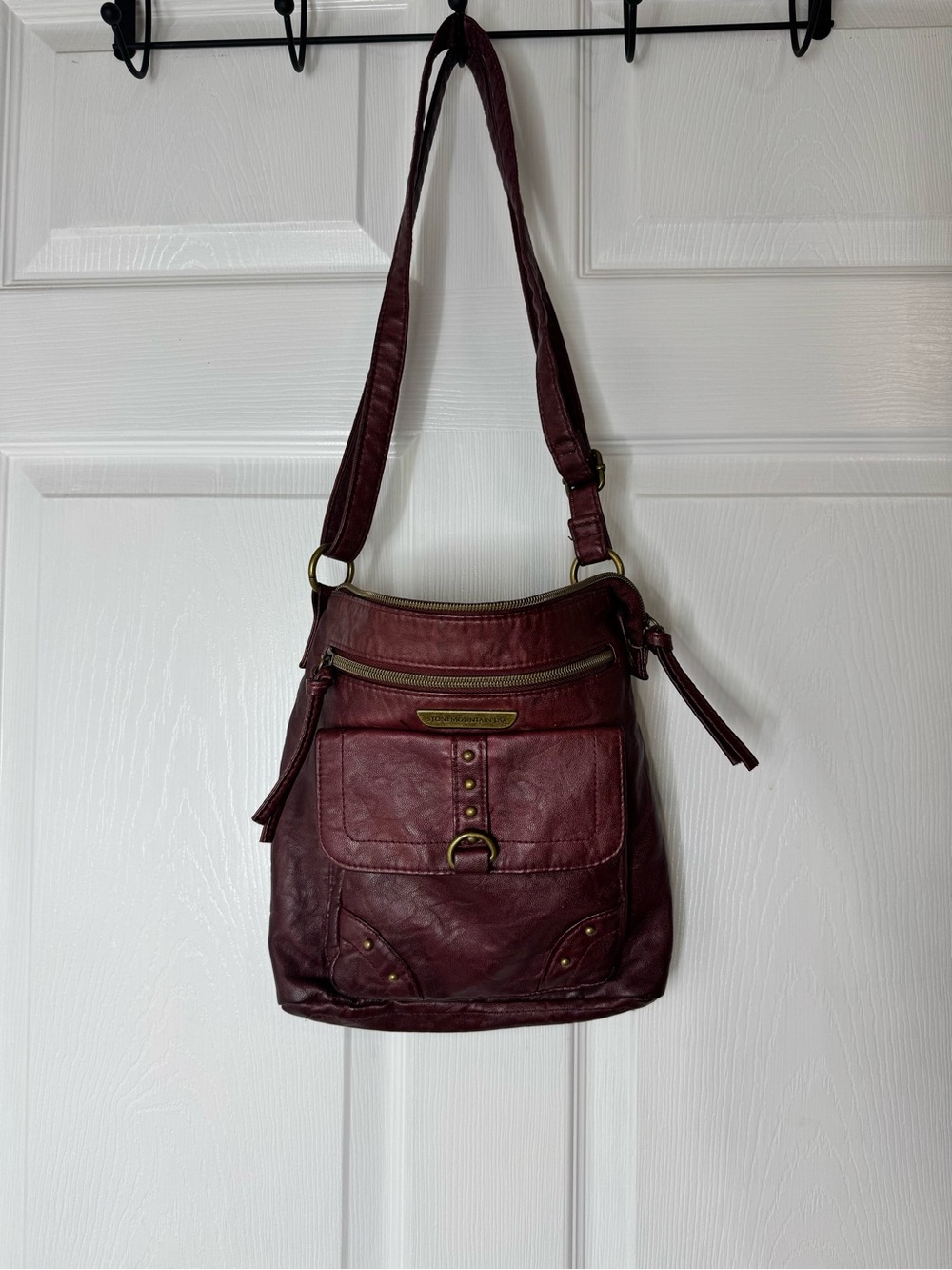 Stone Mountain Accessories Burgundy Crossbody Bag with Brass Accents